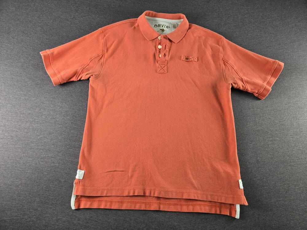 Orvis Polo Shirt Mens Medium Orange Solid 100% Cotton Knit Logo Casual Summer
